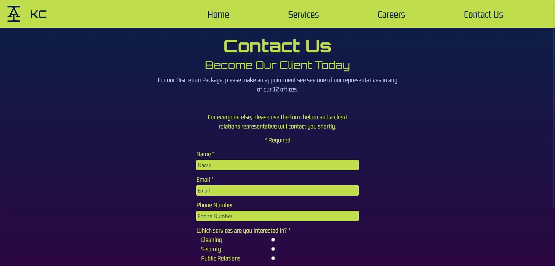 Part of the desktop contact page with form