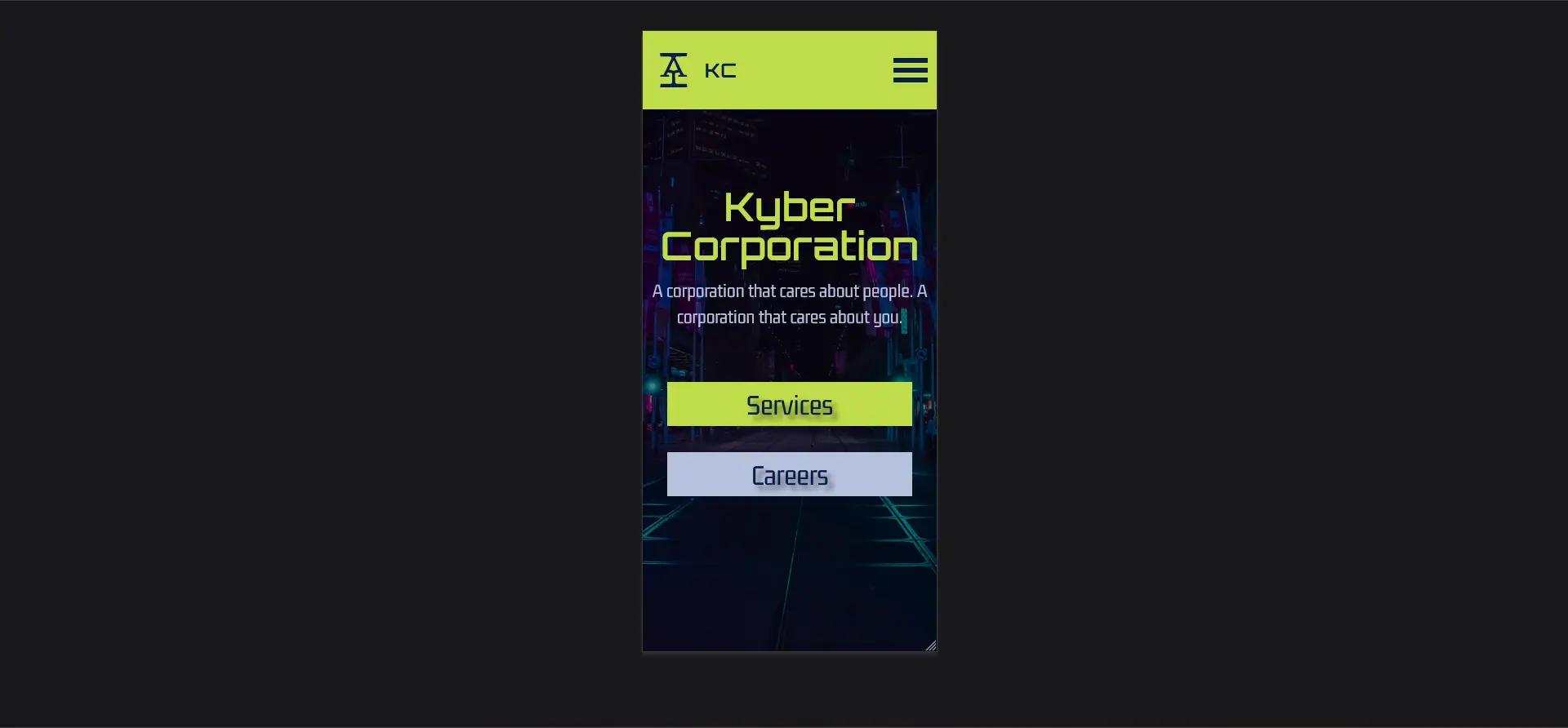 The mobile homepage of Kyber Corp