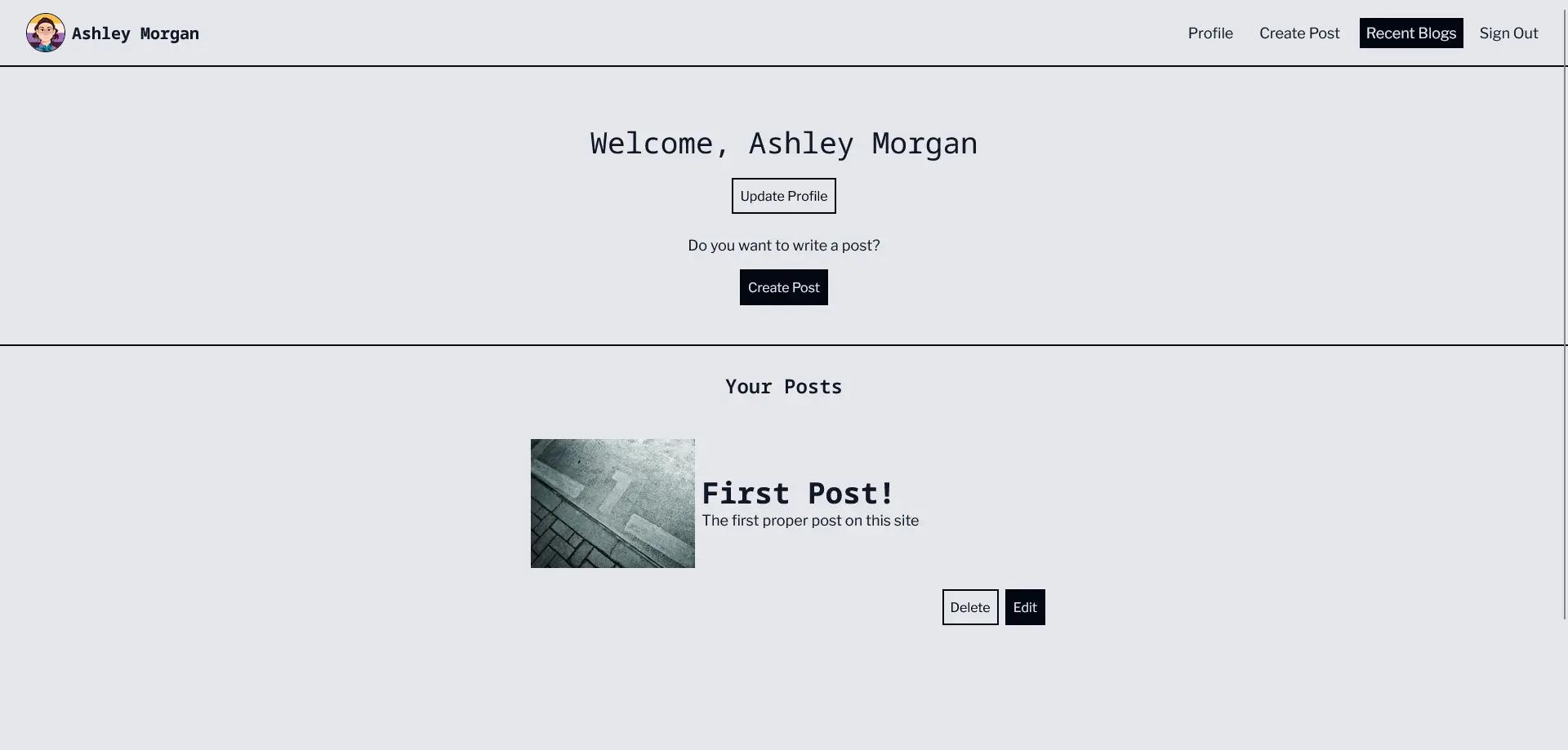 The light mode desktop version of a blog site profile page